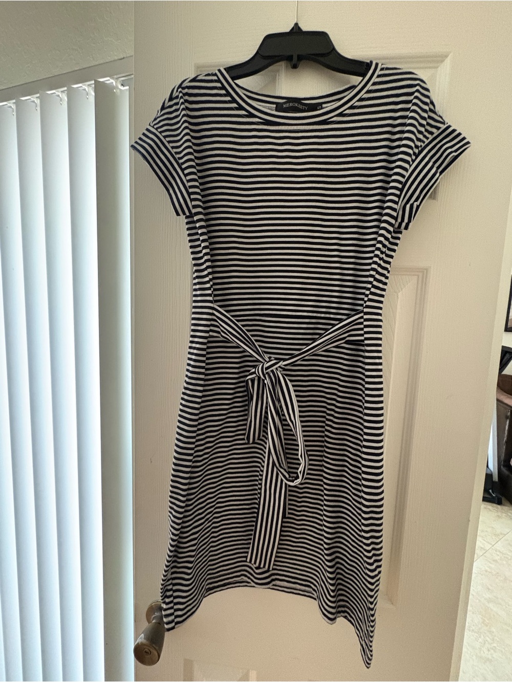 Casual Black & White Striped Tie-Waist Mini Dress by Mercantile